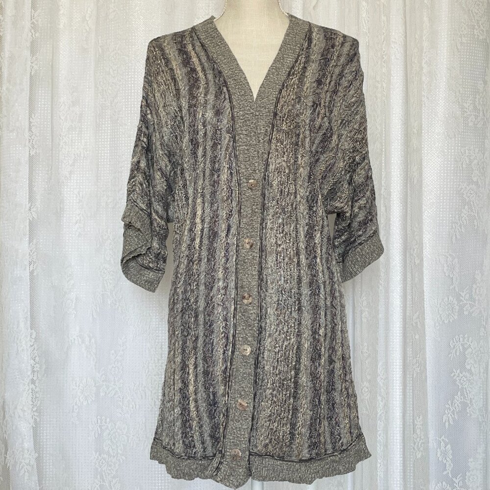 Peruvian Connection Women's Cardigan Large Short Sleeve Gray Knit Long V-Neck